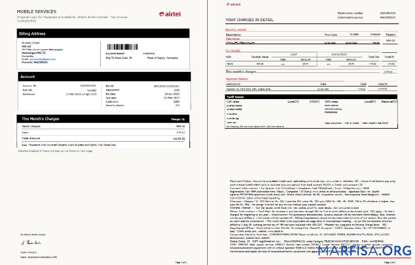 Realistic India airtel utility bill template in Word and PDF formats, 2 pages, version 3